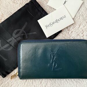 YSL EUC Vintage Teal Green Patent Leather Wallet with Dusty and Card
